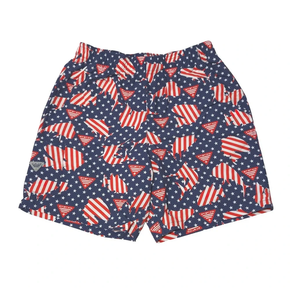 Columbia PFG Nylon Shorts Youth Medium 10/12 Blue Red White Stars Fish Patriotic